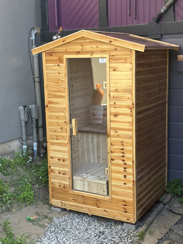 SF Sauna branded outdoor steam sauna in San Francisco side yard