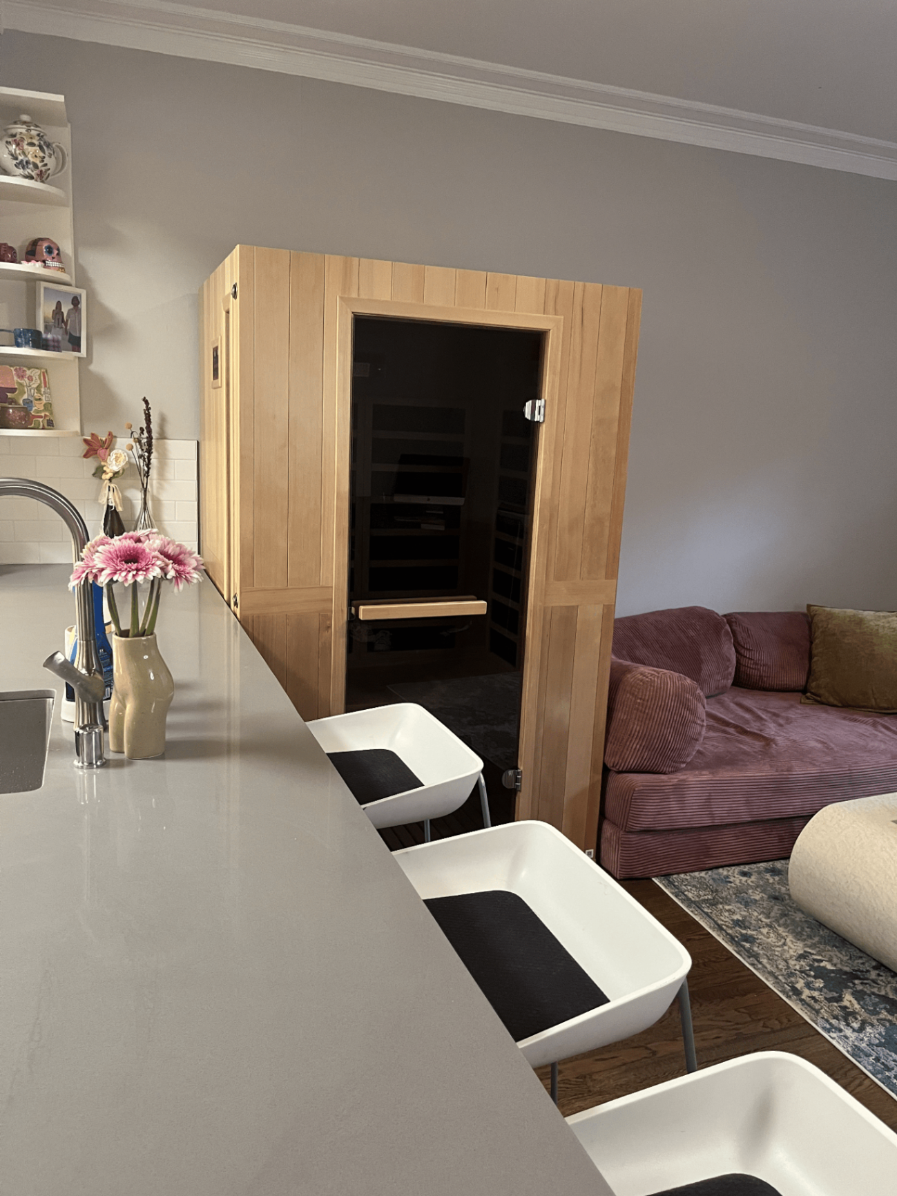 Indoor infrared sauna installed in a living room
