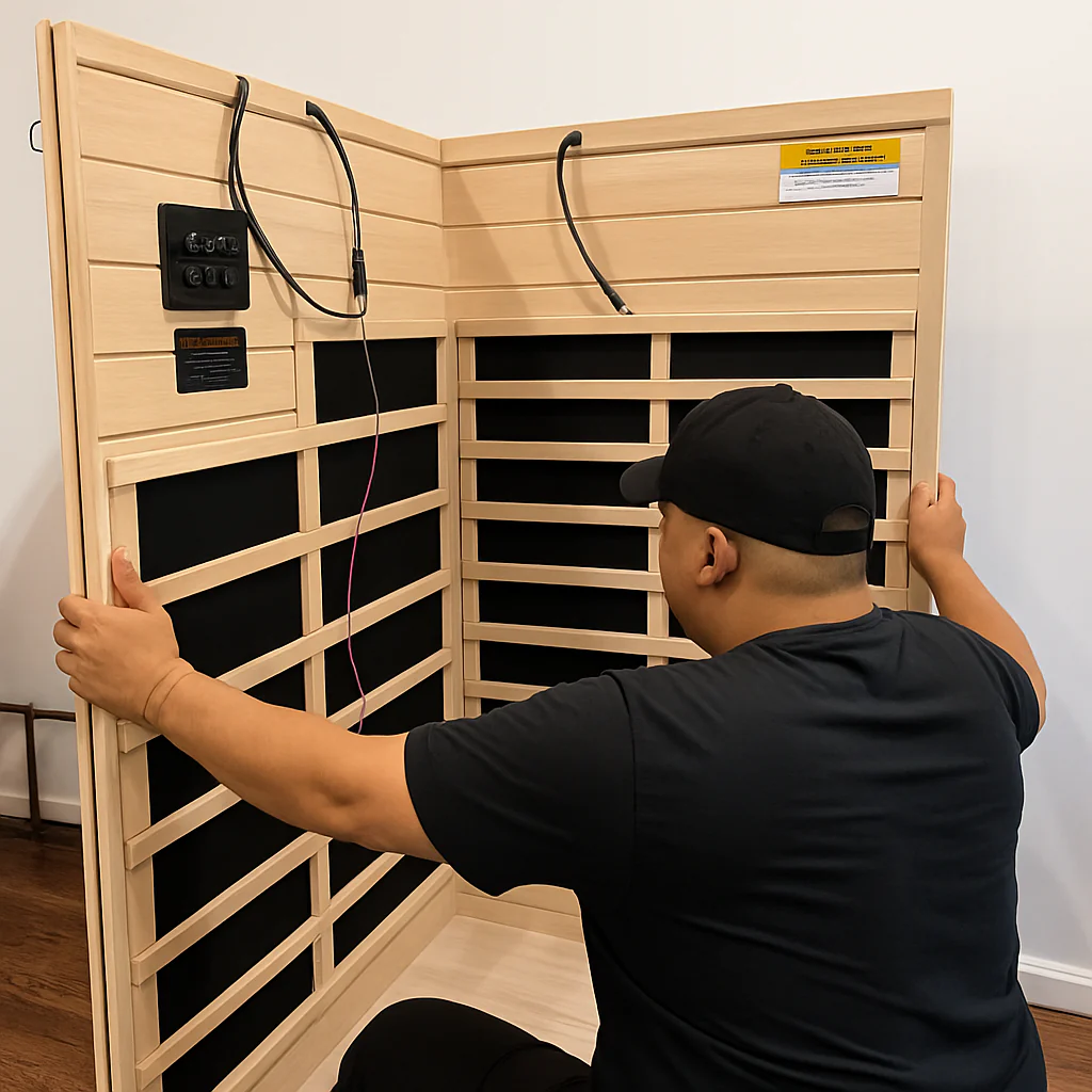 SF Sauna delivery crew installing sauna in Oakland